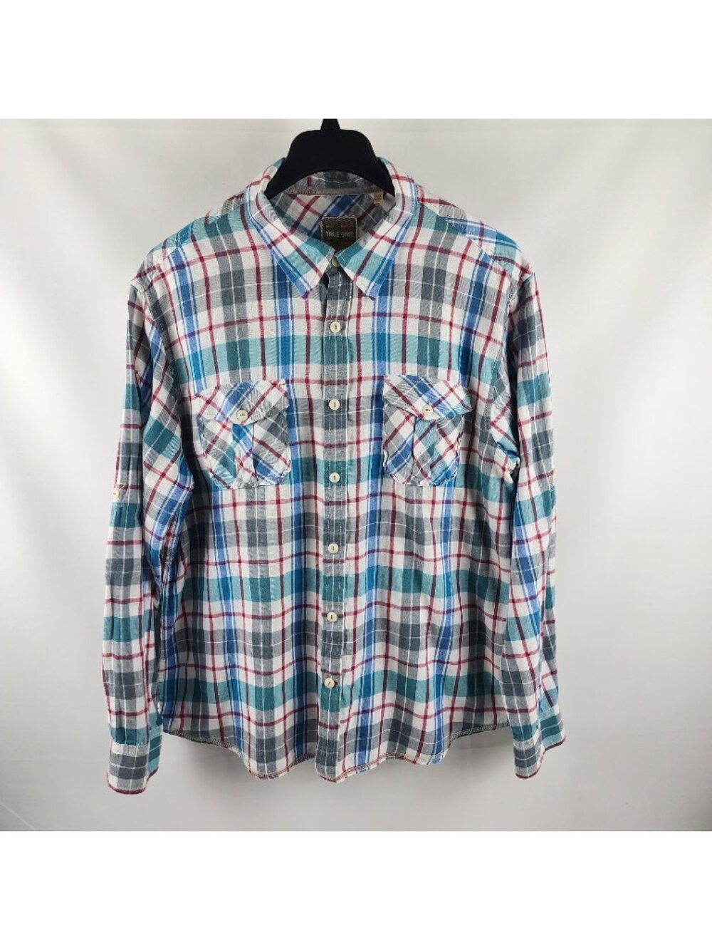 True Grit Shirt Mens XXL Multi Plaid Dual Chest Pocket Flap Button Up